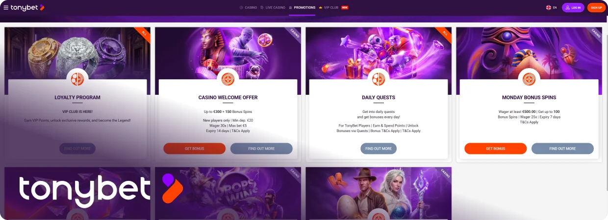 TonyBet Bonuses and Promo Codes
